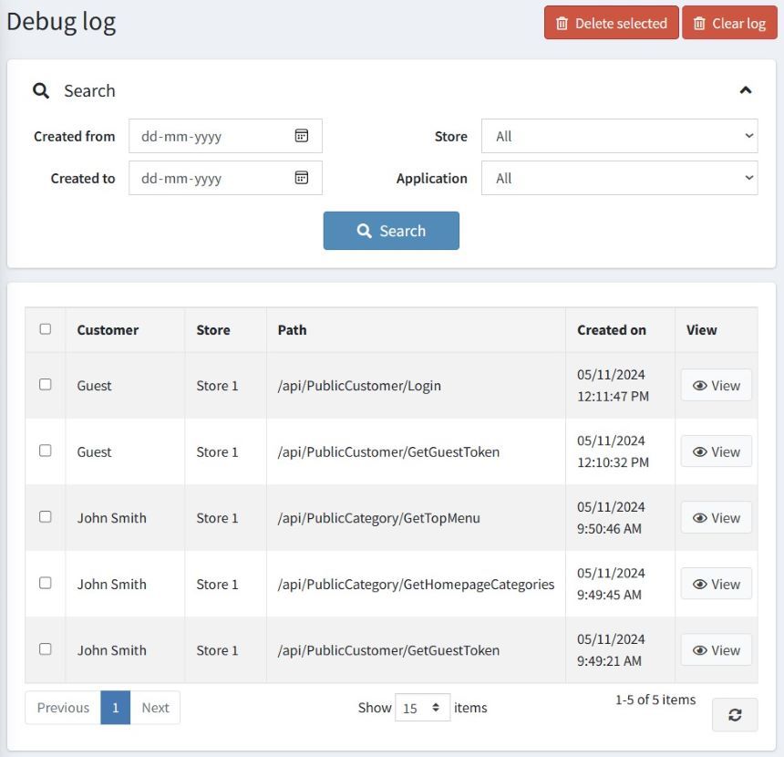 nopcommerce public restful api debug log page screenshot by nopadvance
